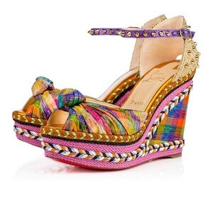 Louboutin Madcarina 120 Disco Glitter
Knotted Multicolor Espadrille Wedge 36 New
